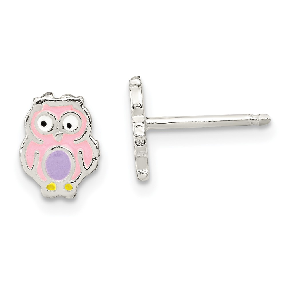 925 Sterling Silver Polished & Multi-Color Enameled Owl Children's Post Earrings